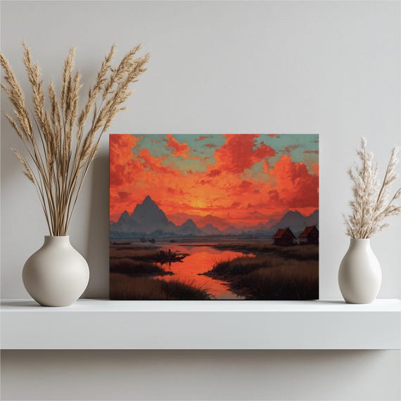 Colorful Sunset Landscape Canvas Wall Art Mountain Range Wetland Painting With Fishing Boat Water Reflection Orange Sky Rustic Decor