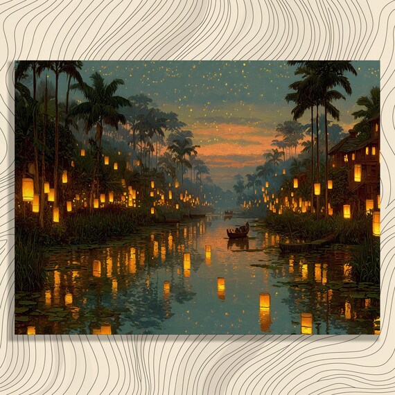 Lantern Festival Tropical River Sunset Palm Night Reflection Wall Art