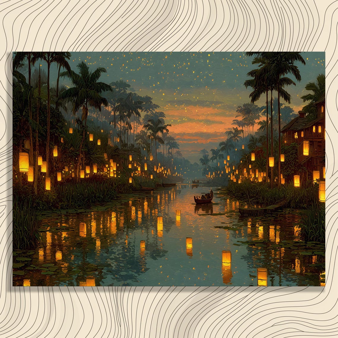 Lantern Festival Tropical River Sunset Palm Night Reflection Wall Art