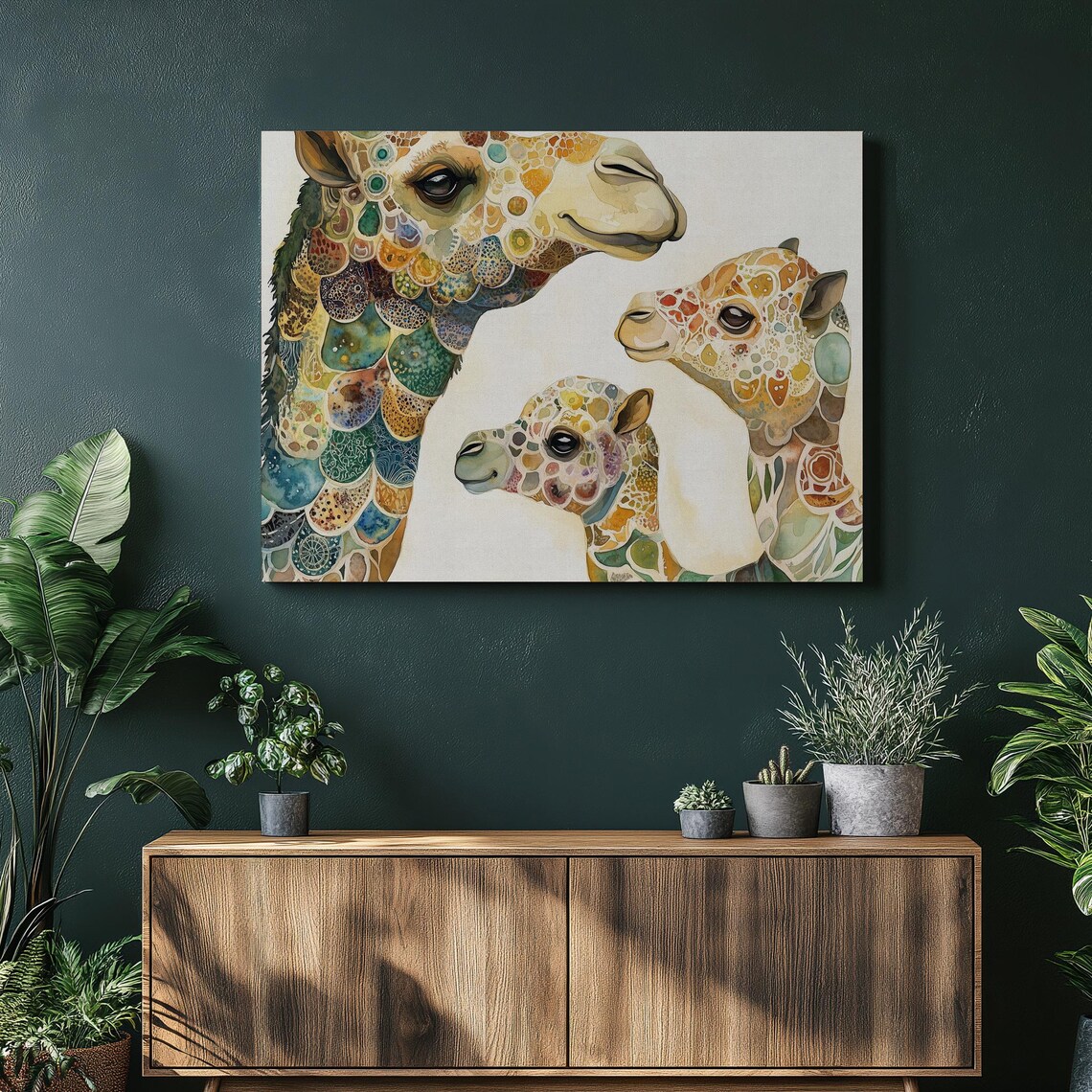 Camel Family Mosaic Watercolor Animal Portrait Wildlife Print