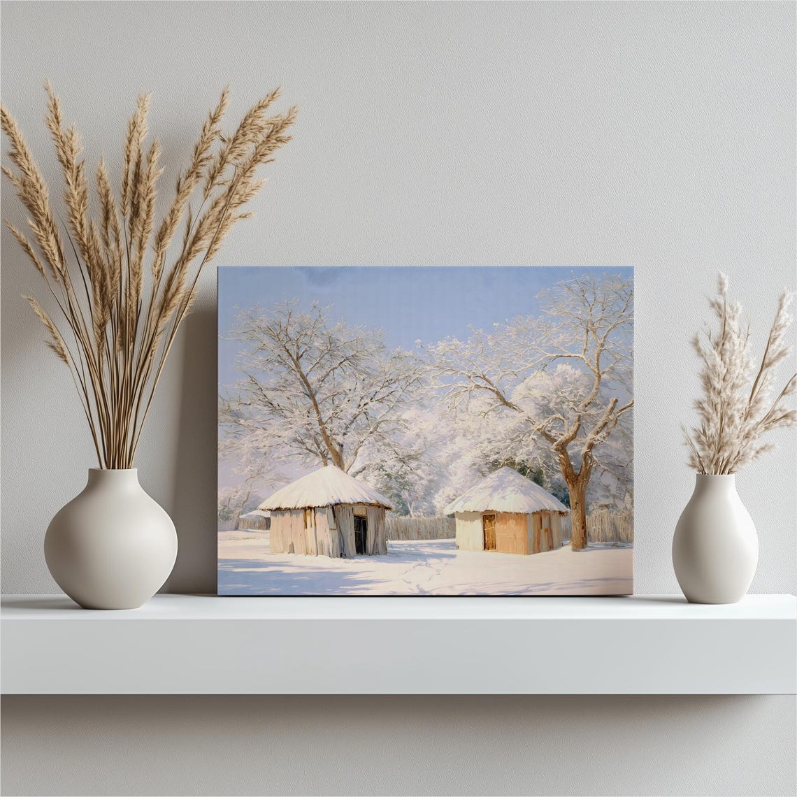 Snowy Village Huts Under Frosted Trees Rustic Winter Painting Poster