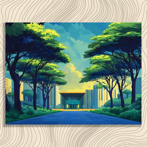 Vibrant Modern Landscape Canvas Wall Art Painting Impressionist Style With Emerald Greenery And Urban Skyline View