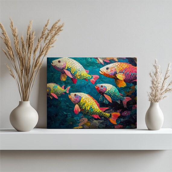 Colorful Parrotfish Wall Art Coral Reef School Tropical Fish Ocean Painting