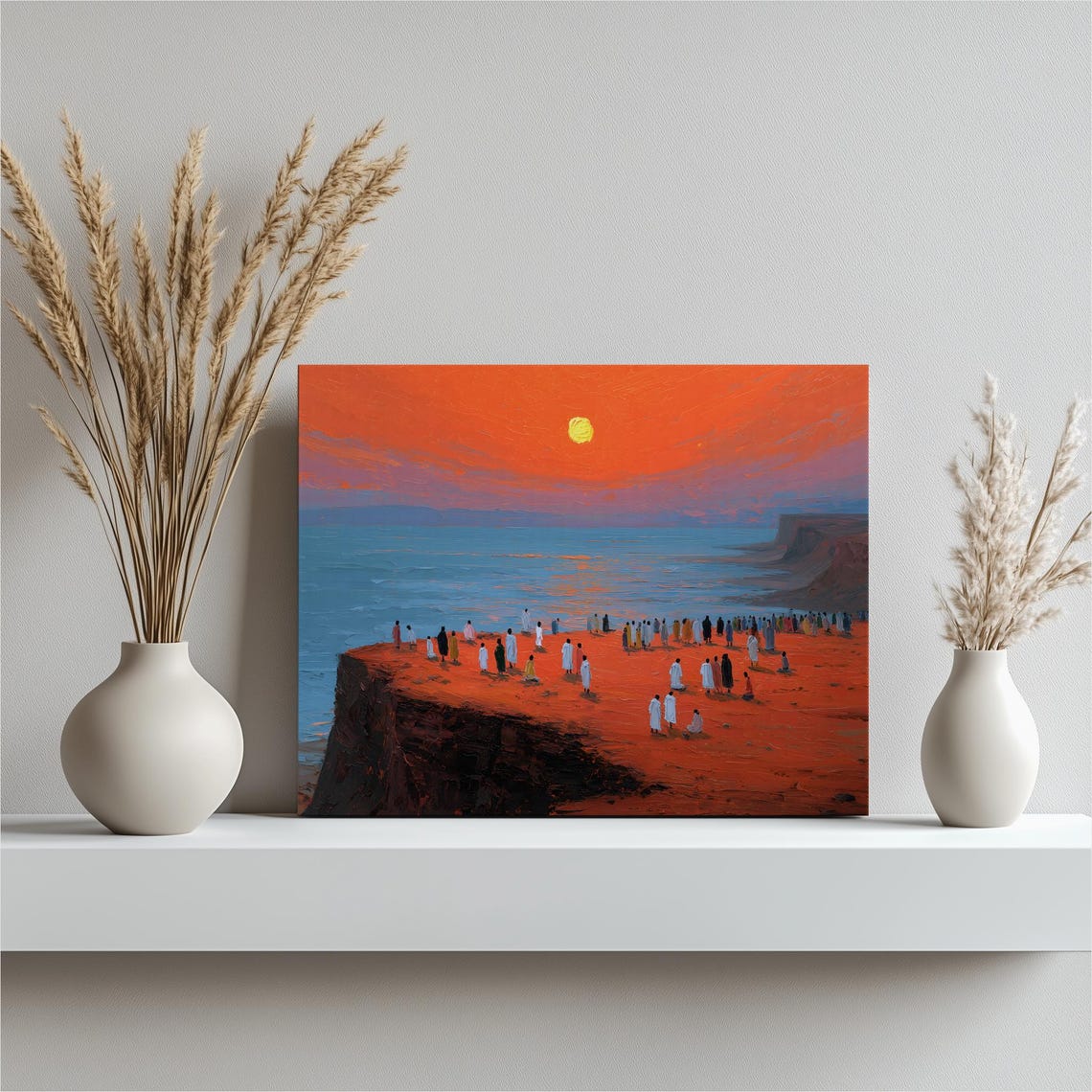 White Robed Figures On Red Cliff Dramatic Sunset Sea Art Poster