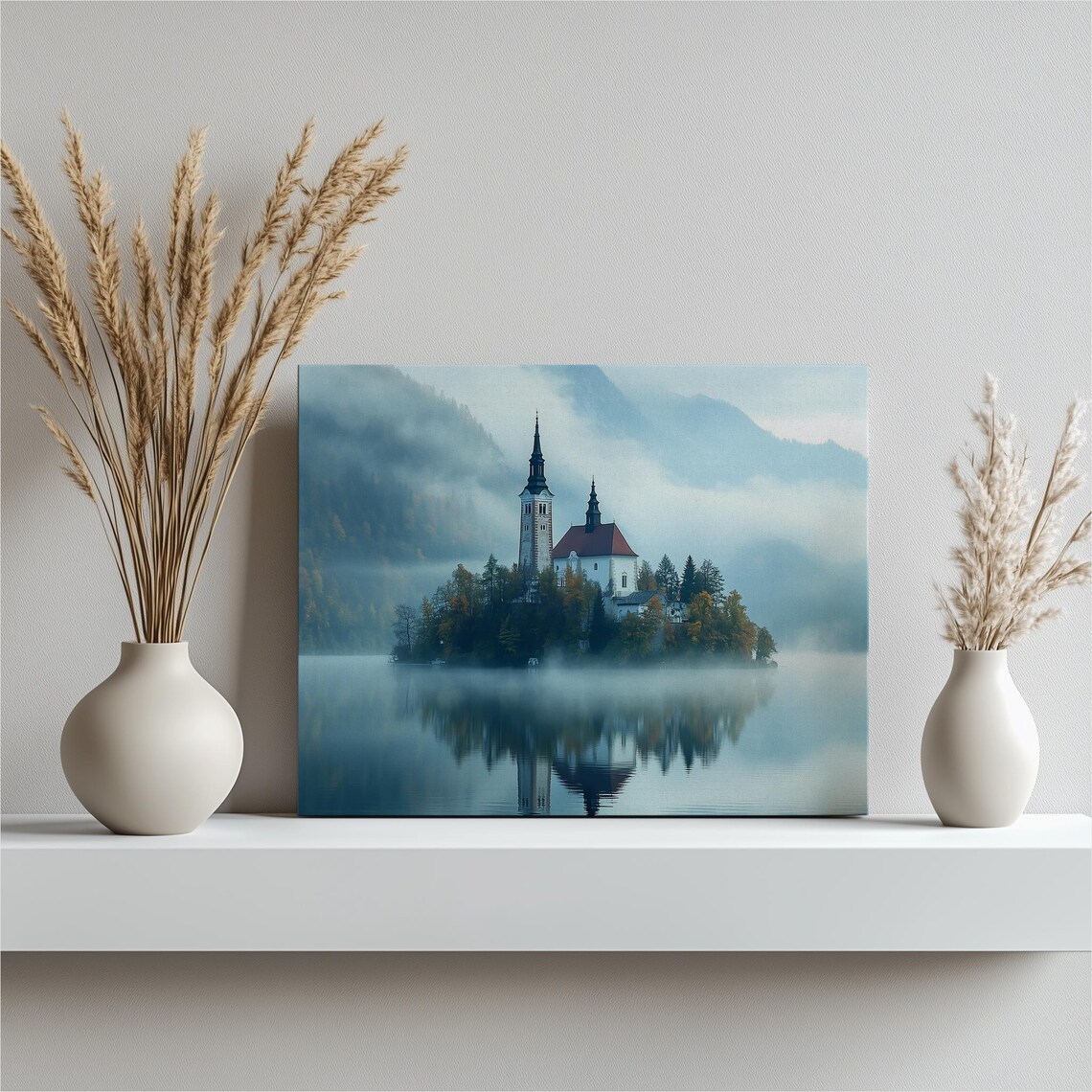 Lake Bled Island Church in Morning Mist Slovenia Painting Poster