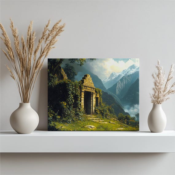 Incan Ruins Canvas Wall Art Ancient Jungle Temple Doorway In The Andes Mountains With Misty Valley Overgrown Vines And Stone Steps