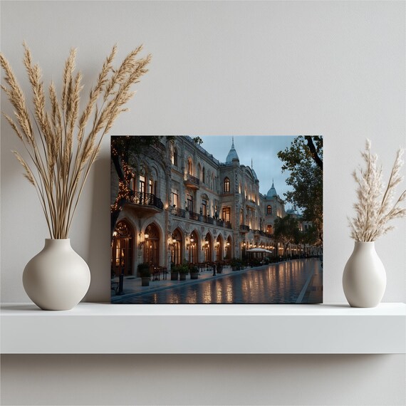 Historic Baku Street Canvas Wall Art European Cityscape Reflection Print Vintage Building Facade Decor Light Urban Atmosphere