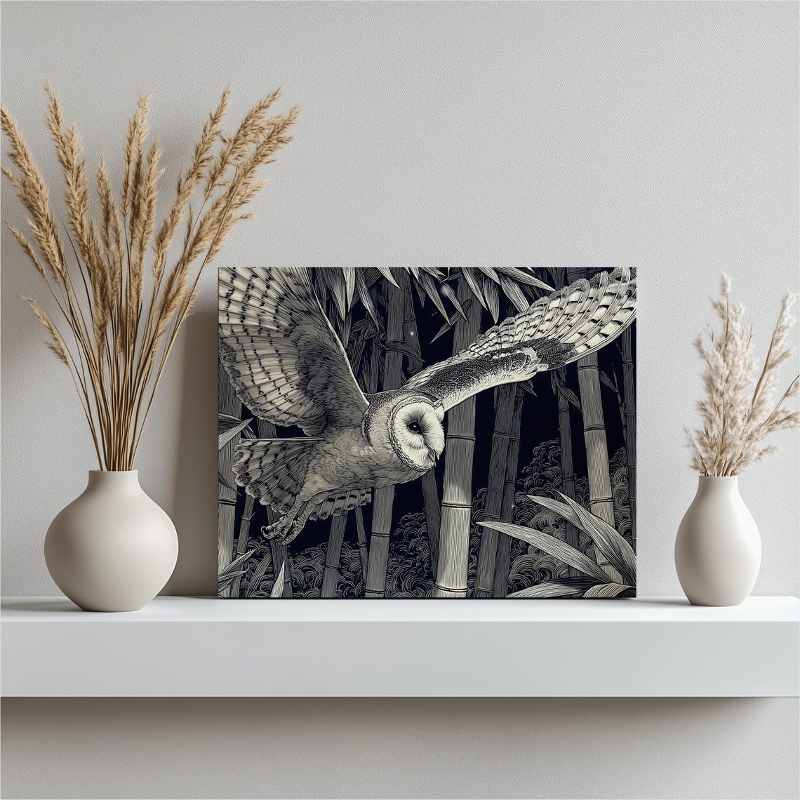 Barn Owl Flight Bamboo Forest Black White Woodcut Nature Poster