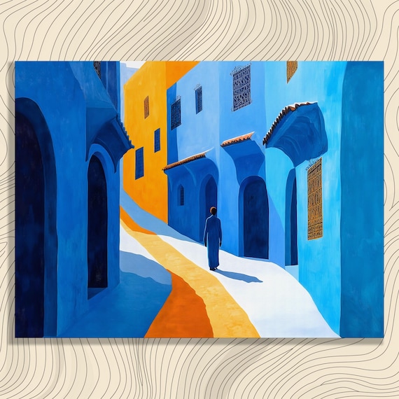 Cobalt Blue City Alley Lone Traveler Moroccan Street Scene Poster