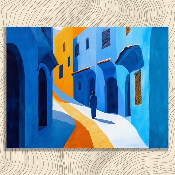 Morocco Blue City Canvas Wall Art Chefchaouen Alley Painting Sunlit Street Vibrant Architecture Traveler Silhouette Decor Print