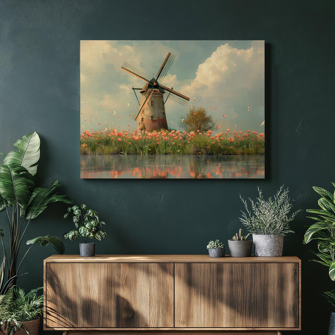 Windmill Dutch Scene With Tulips, Travel Poster