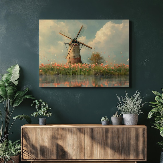 Windmill Dutch Scene With Tulips, Travel Poster