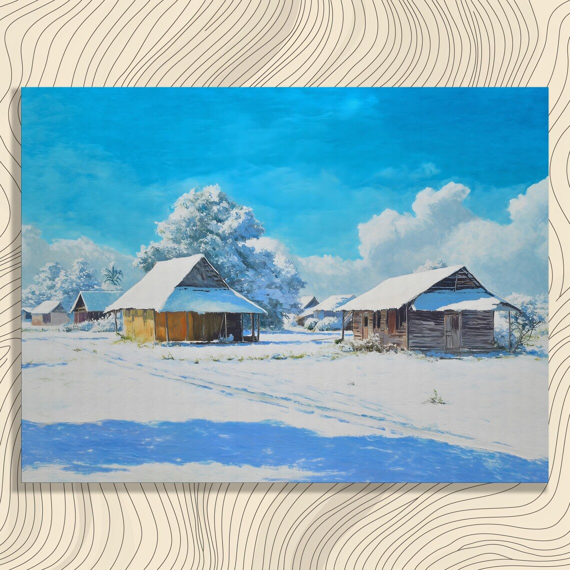 Winter Farmhouse Snowy Cabins Blue Sky Rustic Country Poster