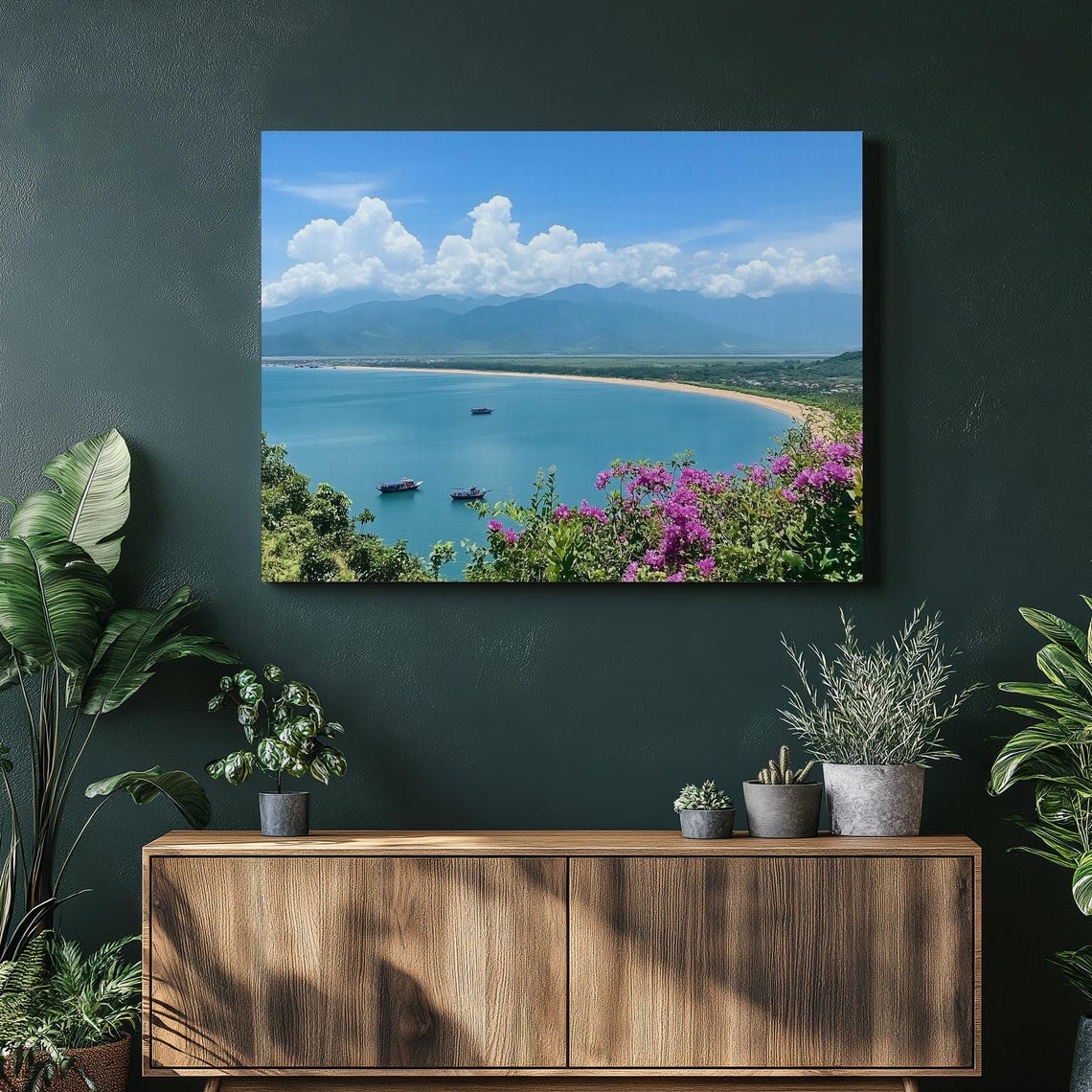 Tropical Bay Boats Bougainvillea Blossoms Mountains Coast Poster