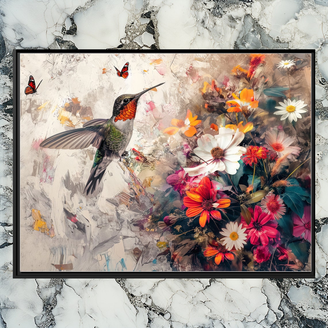 Hummingbird Hovering Over Wildflowers Painterly Bird Art Poster