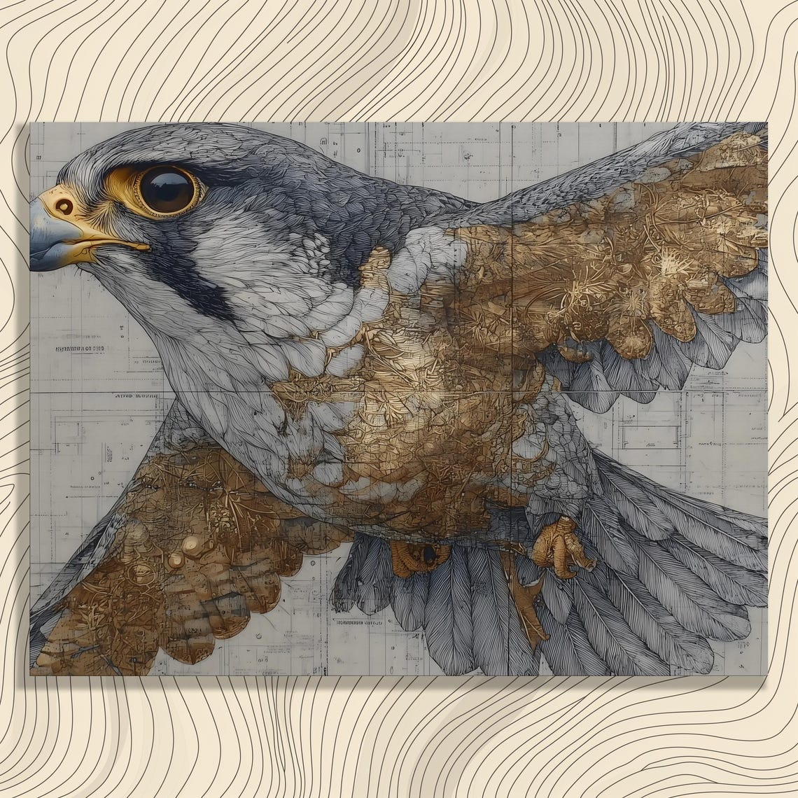 Peregrine Falcon Gold Leaf Wings Modern Blueprint Bird Poster
