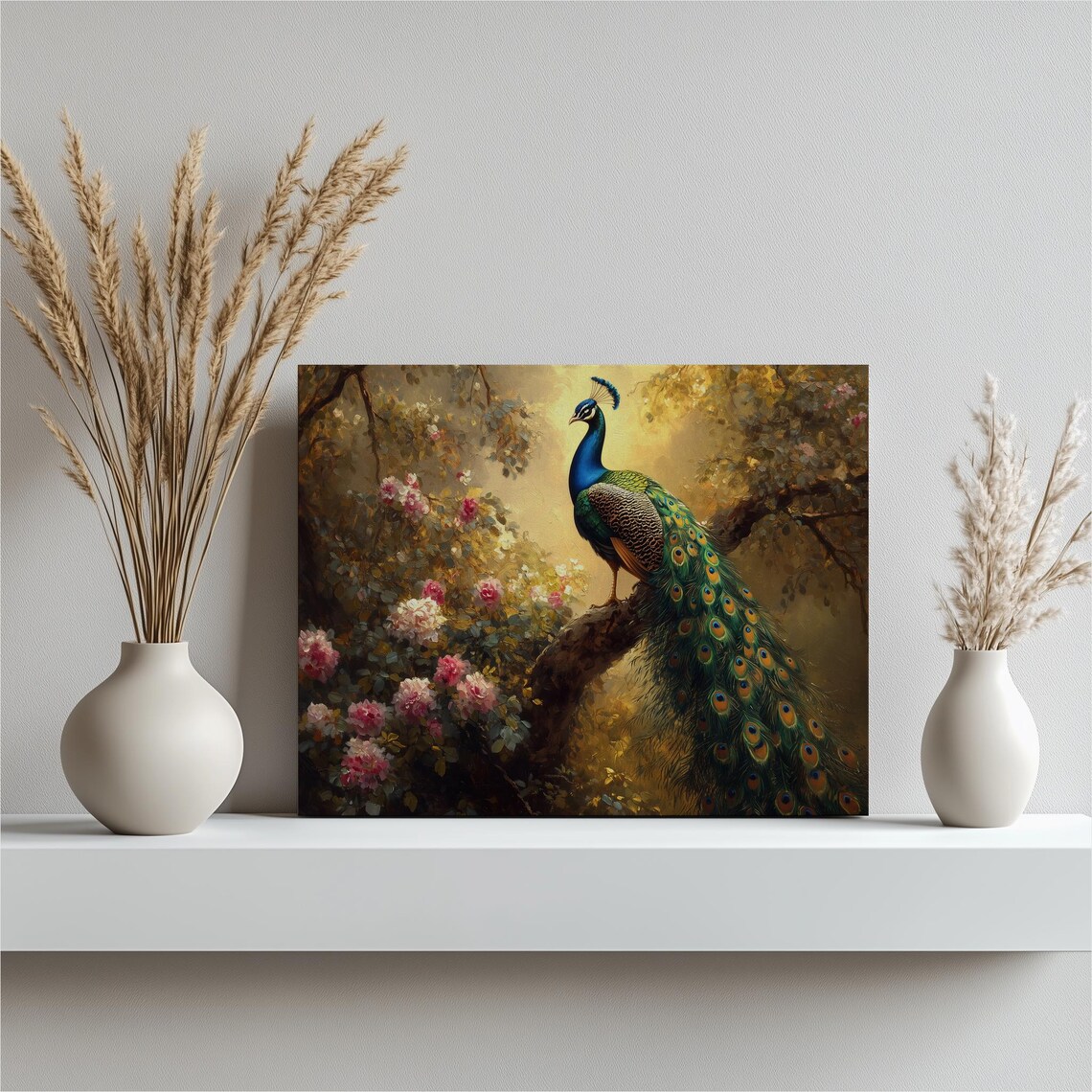Peacock on Branch Roses Golden Romantic Garden Painting Bird Poster