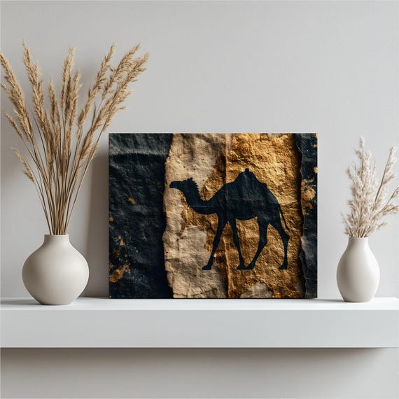 Boho Camel Silhouette Canvas Wall Art Desert Safari Print Gold Foil Neutral Tones Minimalist Decor Wildlife Gift Nomad Painting