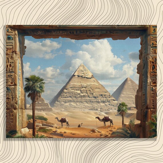 Egypt Giza Pyramids Camels Desert Sands Hieroglyph Frame Poster
