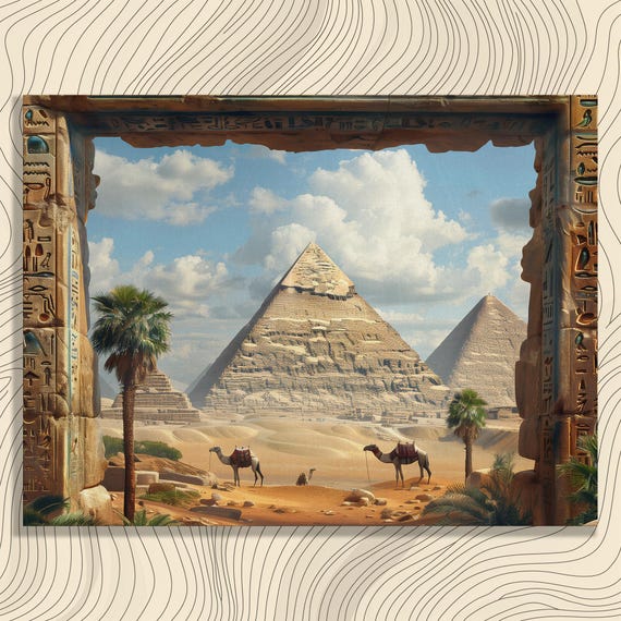 Egypt Pyramids Canvas Wall Art Detailed Oil Painting Camels Desert Sands Hieroglyphs Palm Trees Archway Historical Egyptian Decor Home