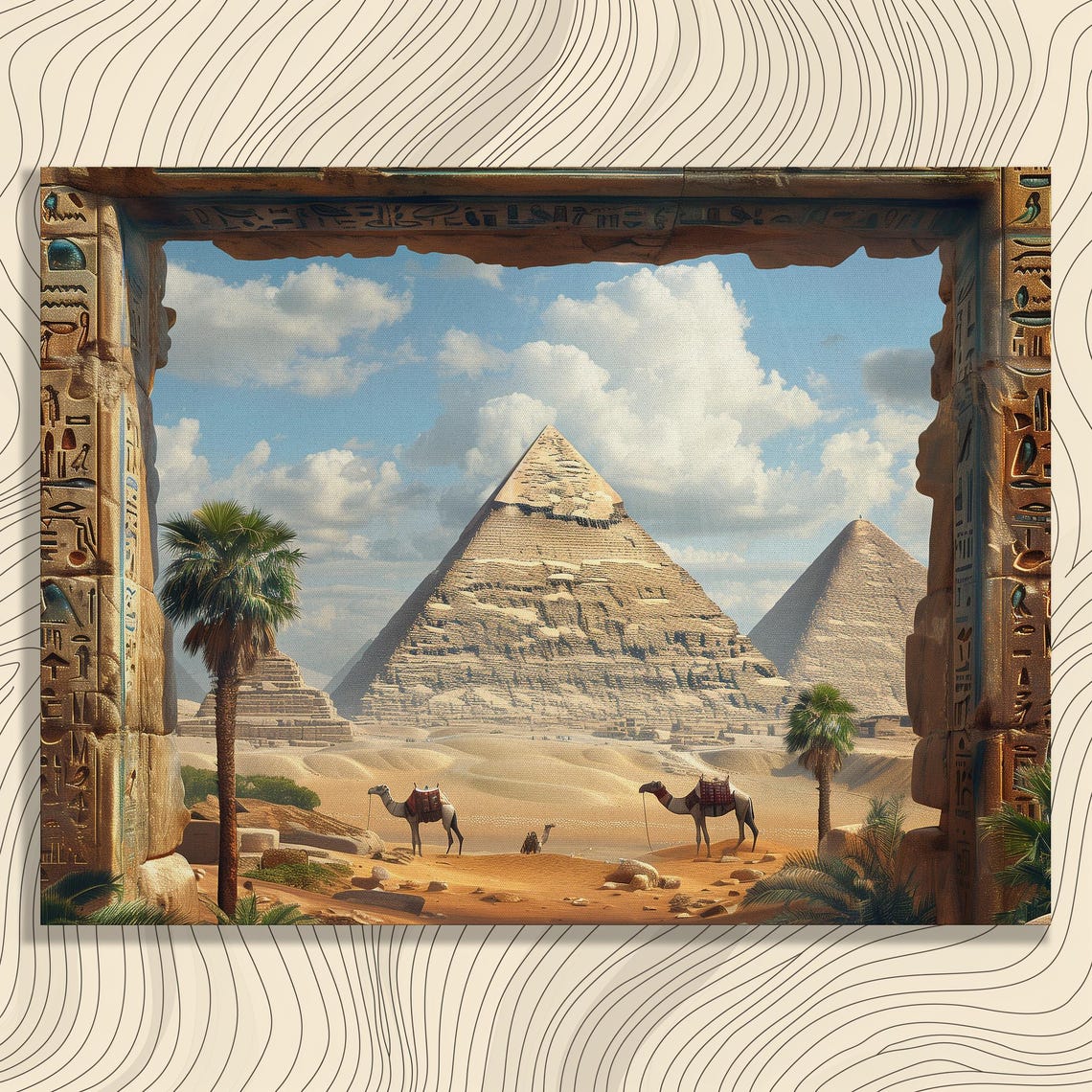 Egypt Giza Pyramids Camels Desert Sands Hieroglyph Frame Poster