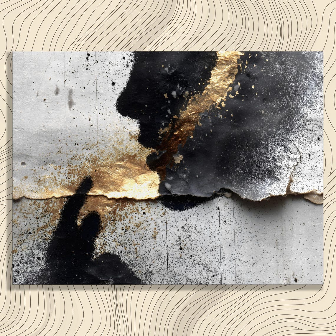 Abstract Silhouette Canvas Wall Art Black And Gold Leaf Minimalist Decor Face Textured Torn Paper Modern Print Painting Gift