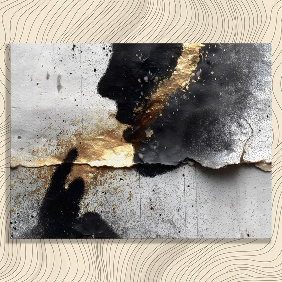 Abstract Silhouette Canvas Wall Art Black And Gold Leaf Minimalist Decor Face Textured Torn Paper Modern Print Painting Gift