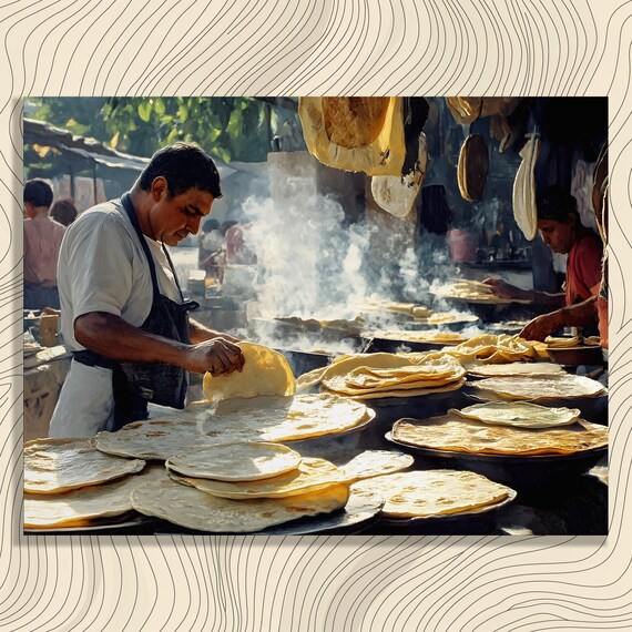 El Salvador Pupusas Street Food Vendor Griddle Painting Kitchen Wall Art