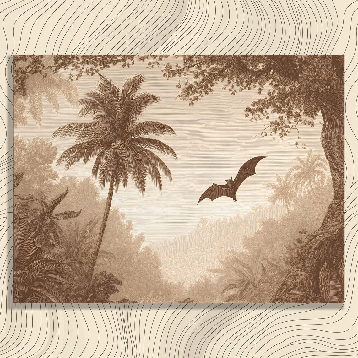 Tropical Jungle Bat Canvas Wall Art Sepia Forest Decor Print Vintage Botanical Wildlife Illustration Palm Leaf Silhouette