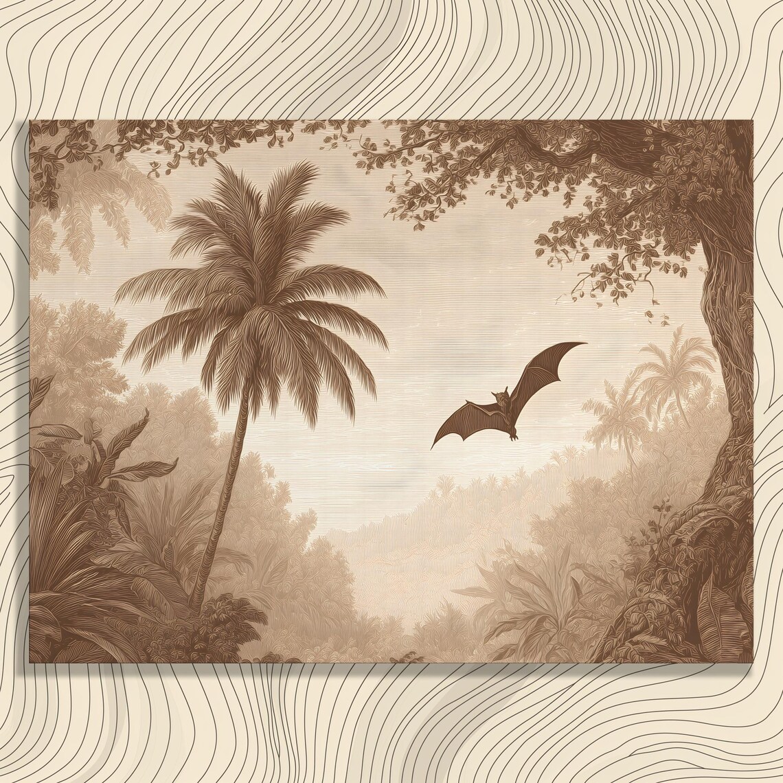 Tropical Jungle Bat Poster Sepia Engraving Style Palm Forest Vintage Artwork