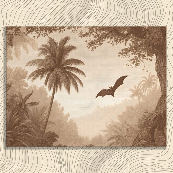Tropical Jungle Bat Canvas Wall Art Sepia Forest Decor Print Vintage Botanical Wildlife Illustration Palm Leaf Silhouette