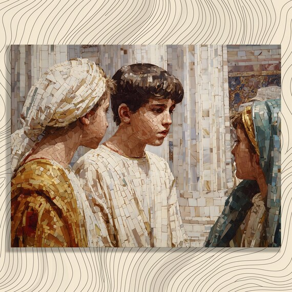 Byzantine Mosaic Style Boy Among Robed Figures Canvas Wall Art