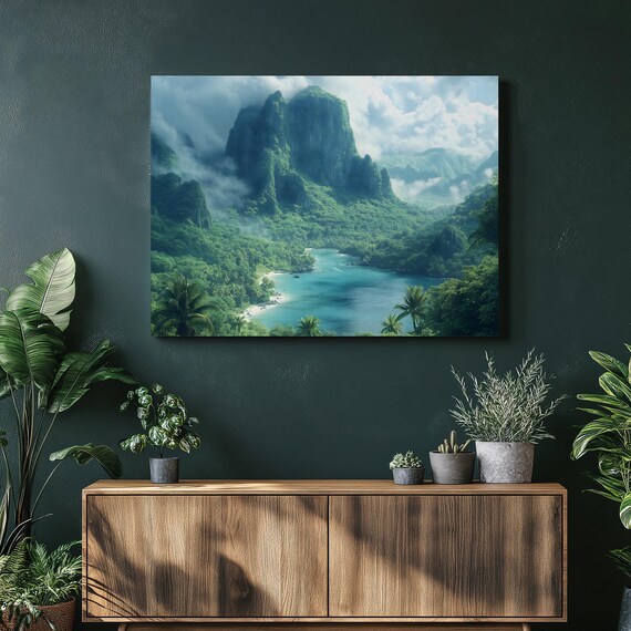 Tropical Lagoon Canvas Wall Art Turquoise Bay Jungle Mountain Paradise