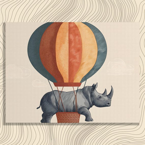 Rhino Balloon Canvas Wall Art Surreal Wildlife Adventure Home Decor Print Vintage Animal Gift Colorful Safari Nursery Illustration