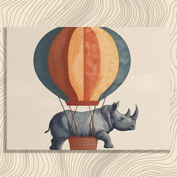 Surreal Rhino Riding Hot Air Balloon Vintage Engraving Art Poster