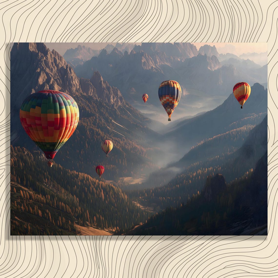 Hot Air Balloons Over Misty Mountains Sunrise Adventure Art Poster