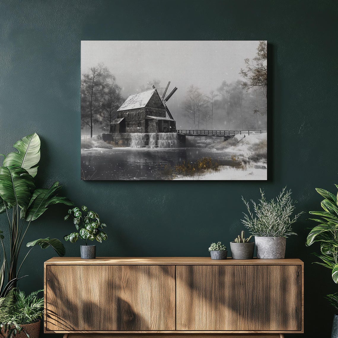 Old Stone Grist Mill Windmill Snowy Misty Morning Black White Poster