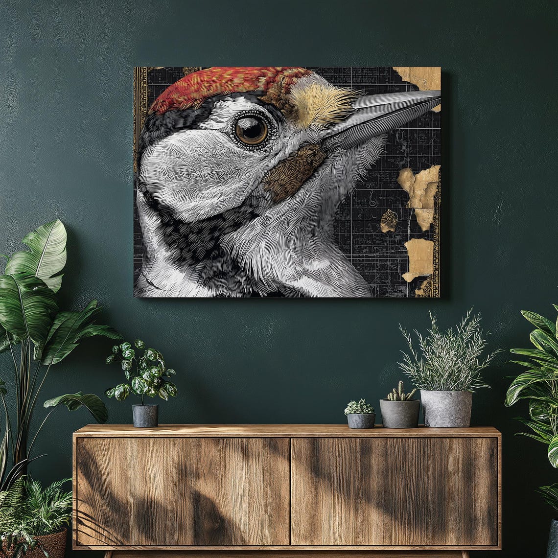 Woodpecker Bird Portrait Vintage Etching Style Wildlife Art Poster