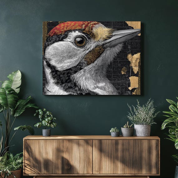 Woodpecker Bird Canvas Wall Art Vintage Illustration Print In Etching Style Black White And Gold Wildlife Decor Painting Nature Gift