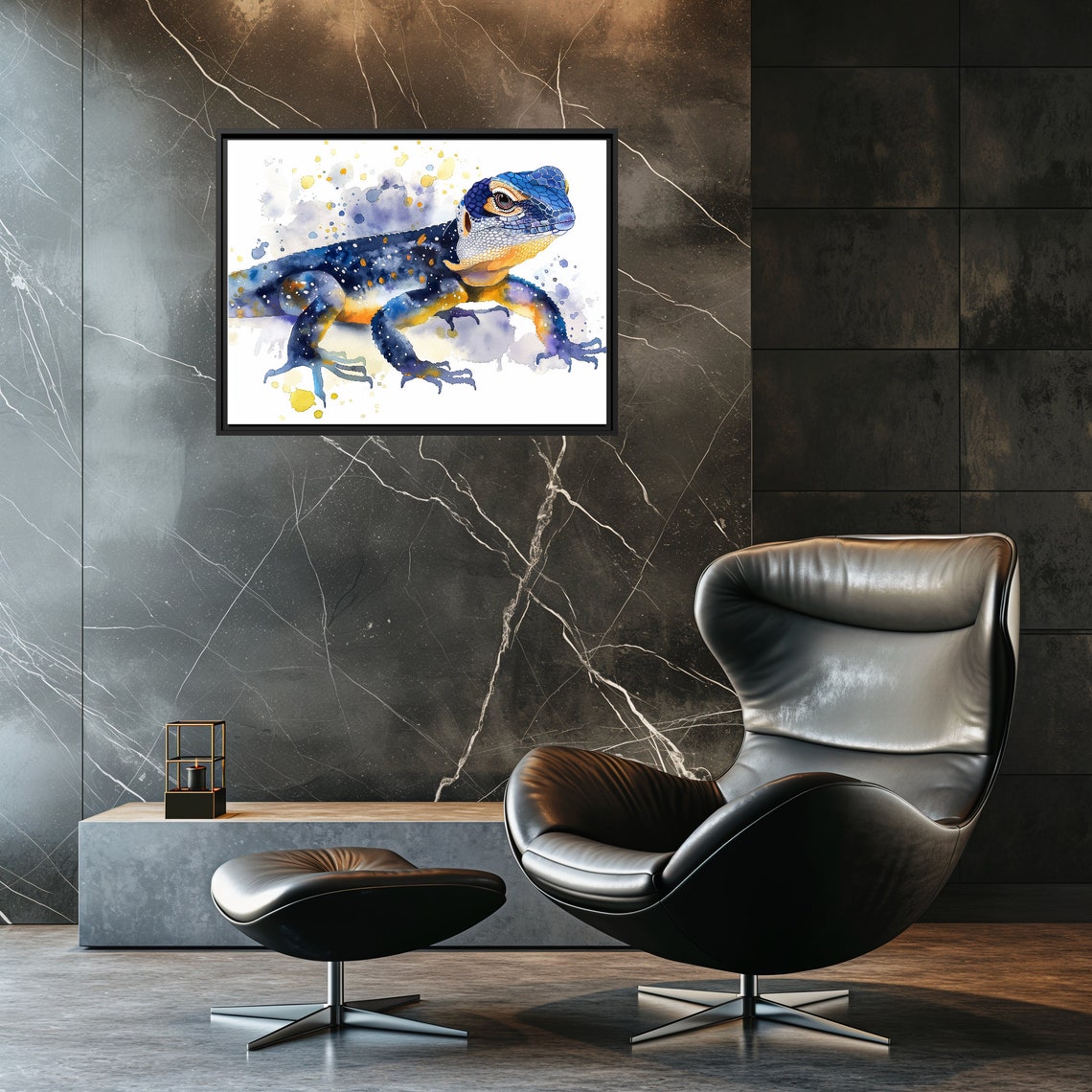 Blue Yellow Lizard Watercolor Splash Reptile Animal Art Poster