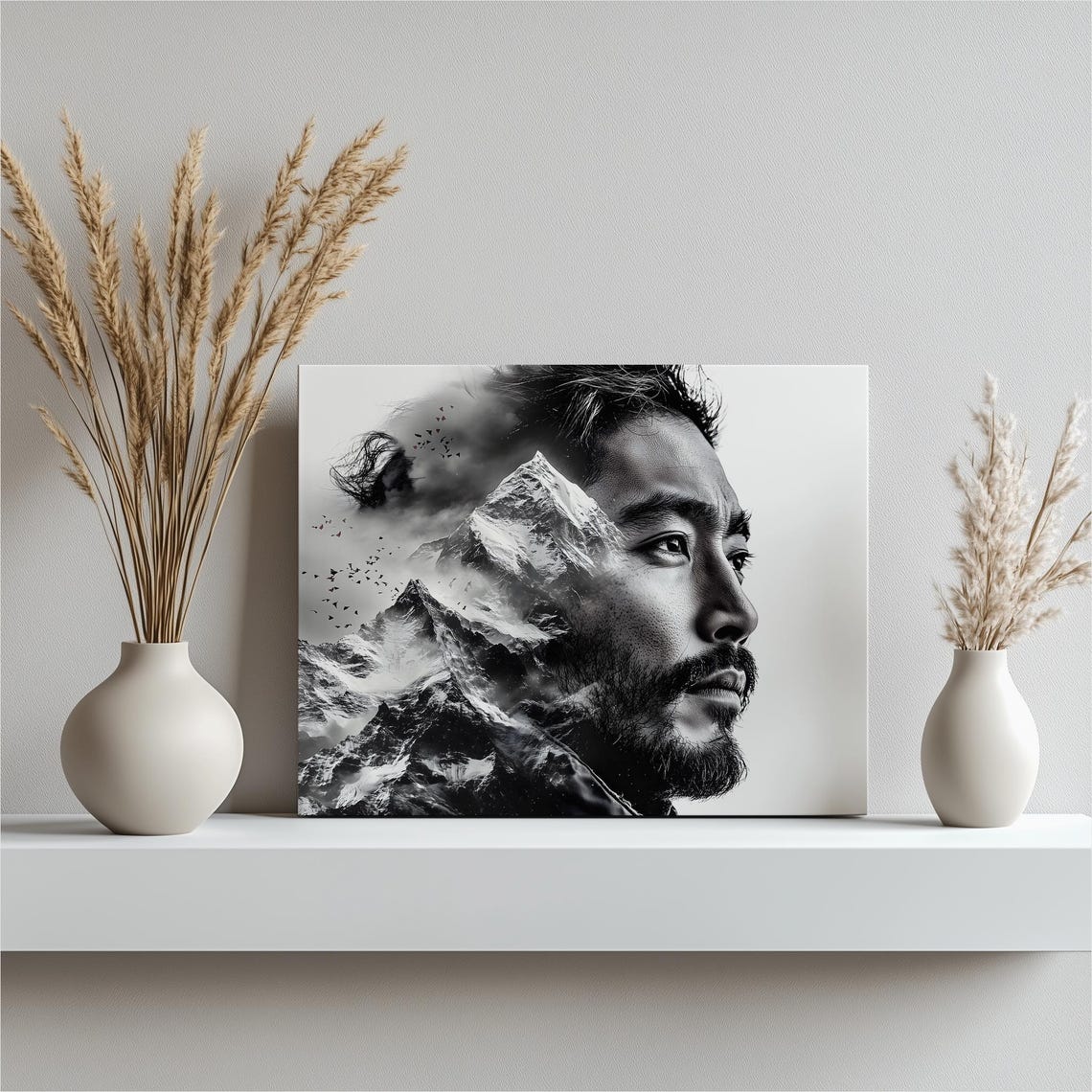 Mountain Explorer Double Exposure Black And White Portrait Art Poster
