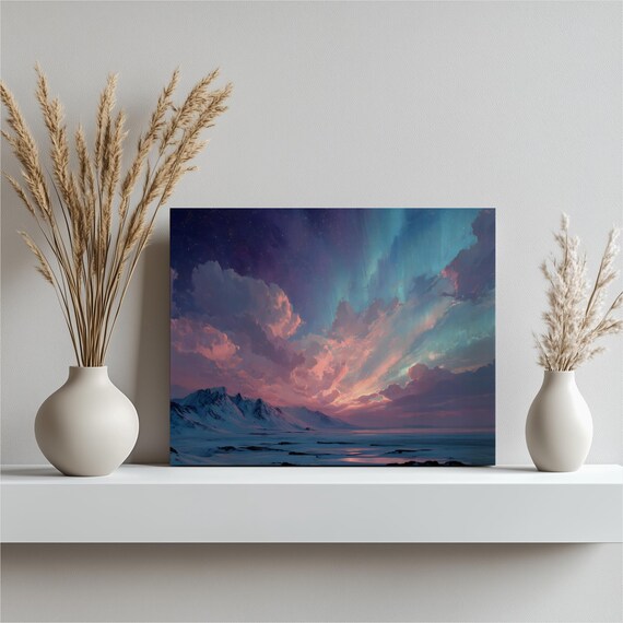Northern Lights Canvas Wall Art Aurora Borealis Snowy Mountain Landscape Starry Night Sky Nature Decor Colorful