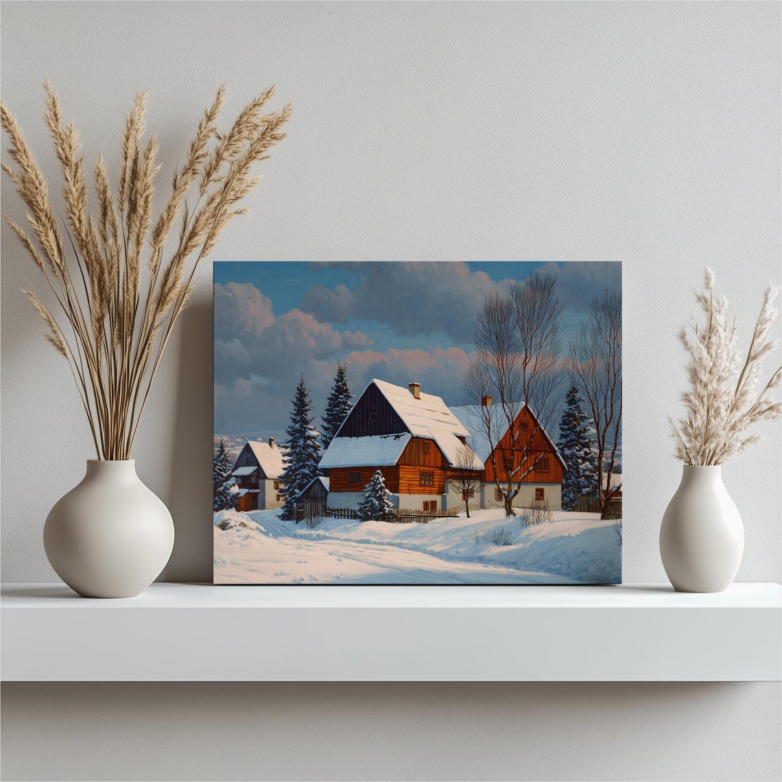 Snowy Winter Cabin Landscape Rustic Wooden Houses Snow Scene Wall Art