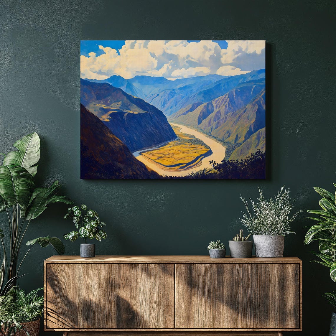 Golden River Winding Through Blue Mountain Canyon Landscape Poster