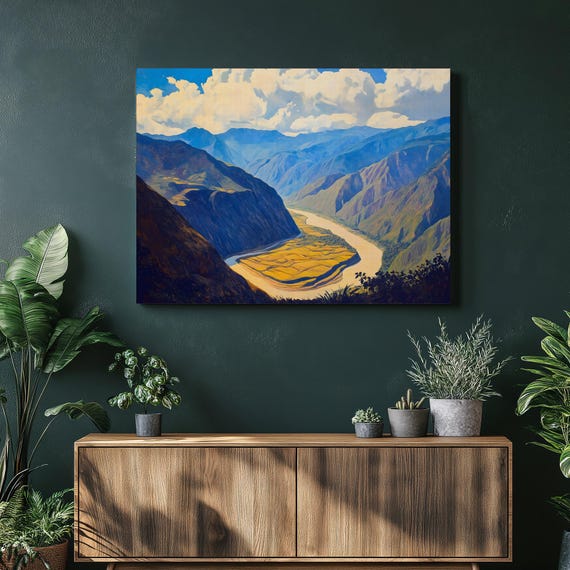Chicamocha Canyon Colombia Canvas Wall Art Luminous Mountain River View Panoramic Landscape Print With Blue Mountains And Golden Valley