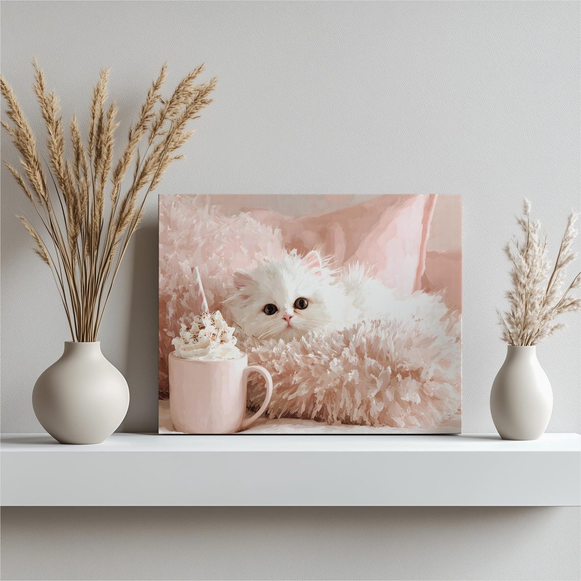 White Kitten Beside Pink Mug With Whipped Cocoa Cozy Pastel Poster