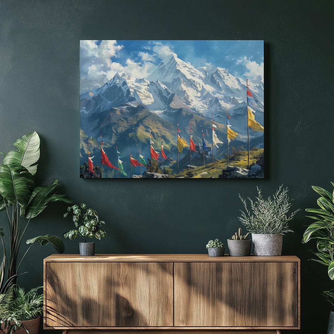 Himalayan Snow Peaks With Prayer Flags Nepal Mountain Landscape Poster