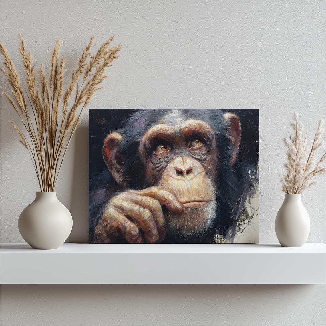 Chimpanzee Portrait Thoughtful Pose Oil Painting Wildlife Wall Art