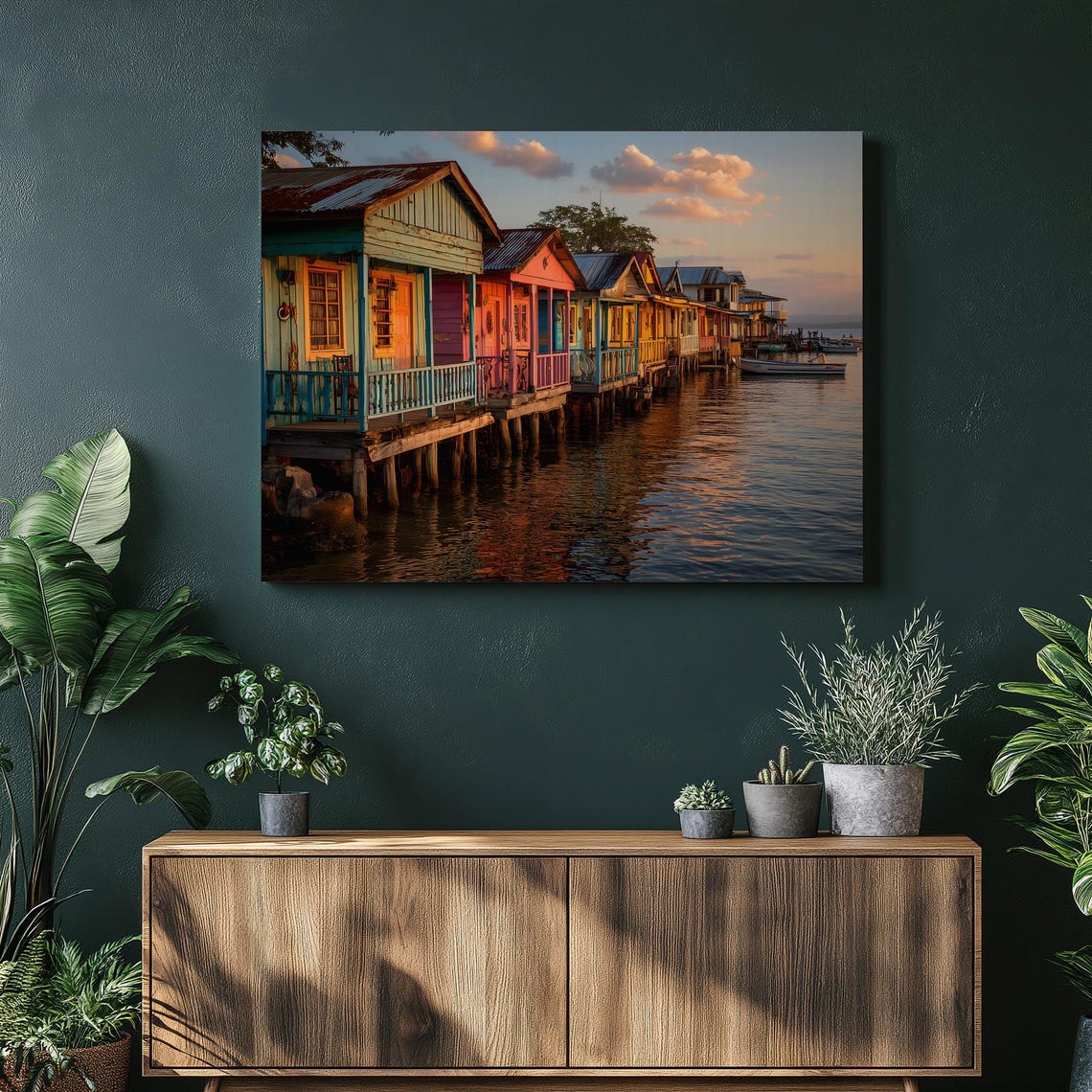 Colorful Coastal Village Sunset Waterfront Stilt Houses Ocean Poster