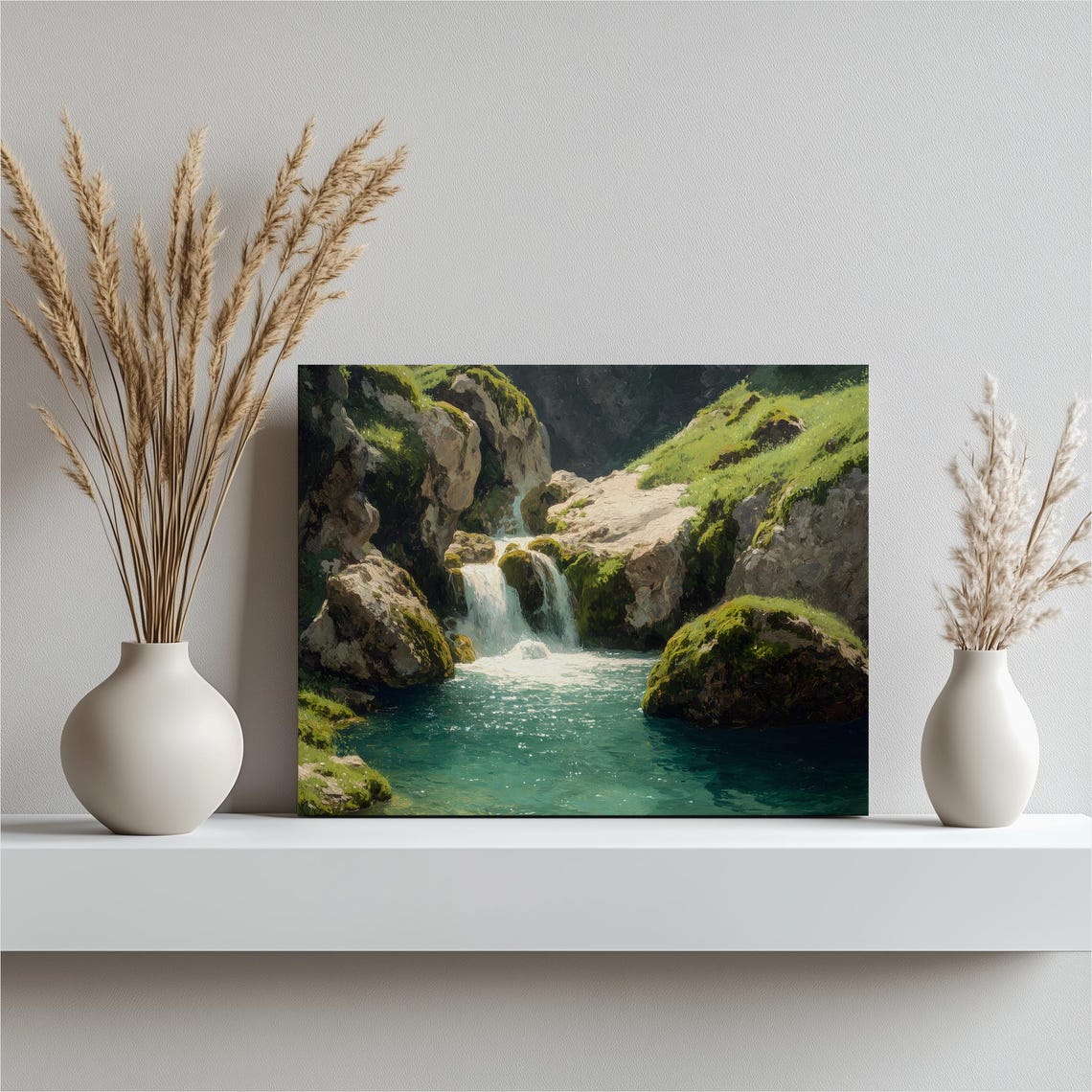 Turquoise Waterfall Cascading Into Rocky Pool Serene Nature Poster